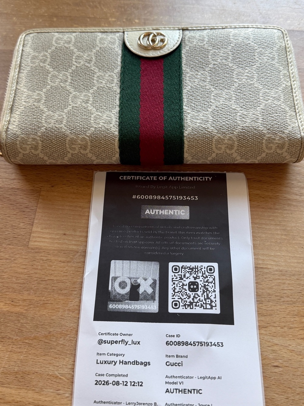 Authentic Gucci Ophidia GG Supreme Zip Around Wallet White Canvas W/COA